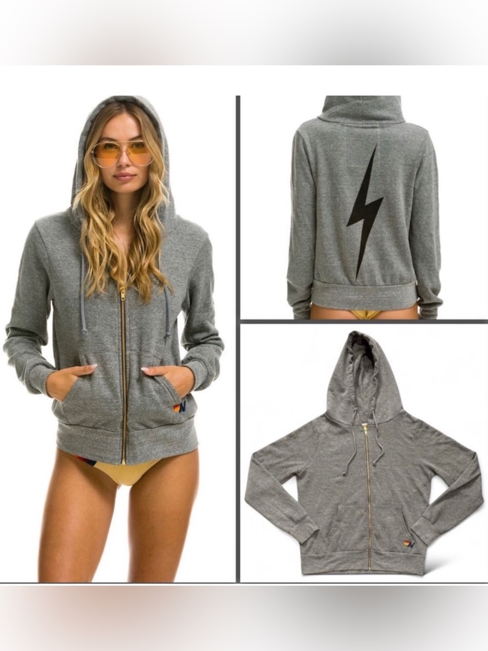 Aviator Nation Unisex Bolt Hoodie Full Zip Gray Sweatshirt Size Medium